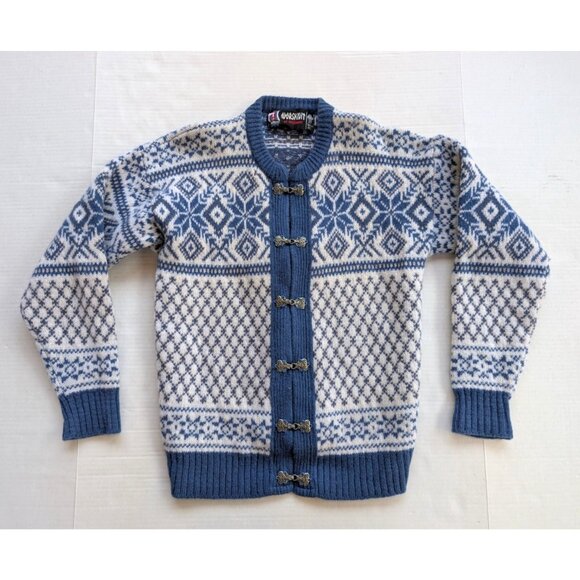 Vtg Norsknit of Norway Cardigan Womens Size 46 Small Wool Fair Isle Blue White - Picture 1 of 8